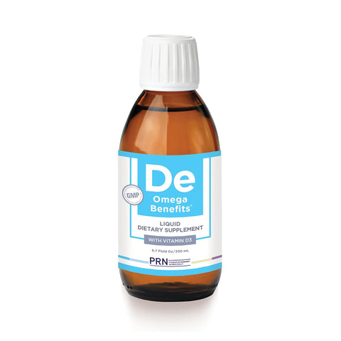 A brown bottle labeled PRN Dry Eye Omega Benefits® Liquid with a white cap displays Liquid Dietary Supplement with Vitamin D3. Featuring a GMP logo, it provides Dry Eye Relief and contains Re-esterified Triglyceride Fish Oil in 6.7 fl oz (200 ml) by PRN - Physician Recommended Nutriceuticals.