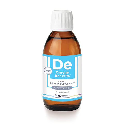 A brown bottle labeled PRN Dry Eye Omega Benefits® Liquid with a white cap features a blue/white label as an Omega Liquid Dietary Supplement with Vitamin D3 for potential Dry Eye Relief. It contains 10 fl oz (300 ml), boasts a GMP seal, and is enriched with re-esterified triglyceride fish oil.