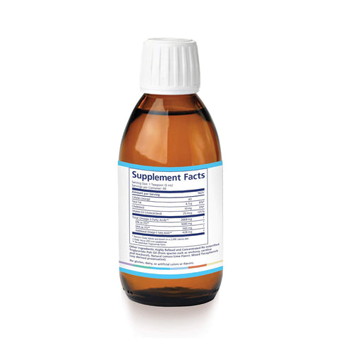 A brown glass bottle with a white cap labeled Supplement Facts and containing nutritional info and ingredients is shown against a white background. Its the PRN Dry Eye Omega Benefits® Liquid by PRN - Physician Recommended Nutriceuticals, featuring re-esterified triglyceride fish oil.