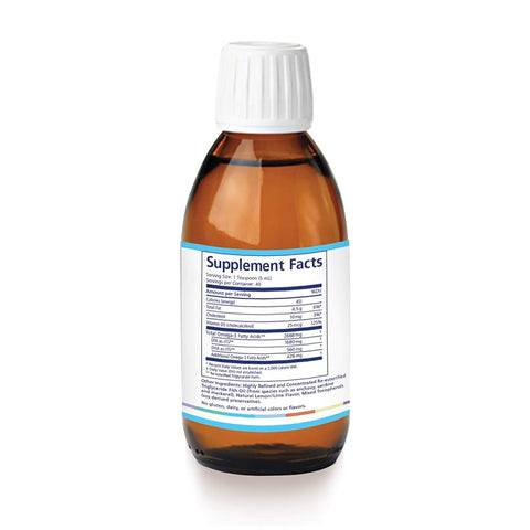 The PRN Dry Eye Omega Benefits® Liquid by Physician Recommended Nutriceuticals comes in brown bottles with white caps, labeled Supplement Facts, detailing serving size, nutrition, and ingredients. Expertly formulated for Dry Eye Relief, its available in 1.3 and 2-month sizes.