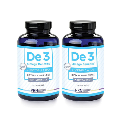 Two 270-count bottles of PRN DE3 Omega Benefits offer a six-month supply of omega-3 supplements for dry eye relief, with a suggested daily intake of three softgels. The product includes Vitamin D3 and has a blue and white label from PRN - Physician Recommended Nutriceuticals.