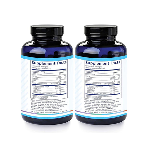 Two dark blue PRN DE3 Omega Benefits bottles (2 x 270ct) with white labels present supplement facts, servings, vitamins, and omega-3s for tear film quality improvement. The white background highlights PRNs promise of dry eye relief in a six-month supply.