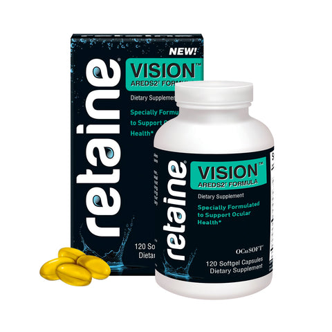 A bottle of Ocusoft Retaine Vision by OCuSOFT, featuring the AREDS2 Formula, is displayed with its packaging. The label highlights ocular health support and three yellow softgel capsules are shown in the foreground.