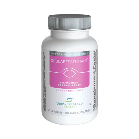 A white bottle, labeled Ocular Essentials Whole Body Formula by ScienceBased Health, features a pink and purple design. It holds 60 capsules of eye health supplements and contains antioxidants like lutein and zeaxanthin. Its doctor-recommended for eye health.