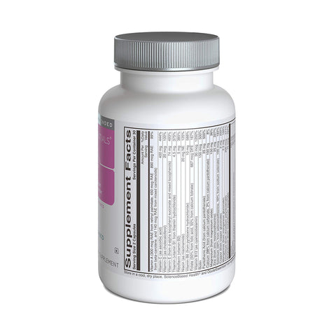 A white plastic bottle with a gray lid features a supplement facts label, highlighting lutein and zeaxanthin for eye health. It includes nutritional info in small text, a barcode, and partial branding in pink and silver tones: Ocular Essentials Whole Body Formula (30 Day Supply) by ScienceBased Health.