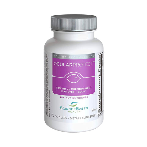 The OcularProtect Whole Body Multivitamin Formula by ScienceBased Health comes in a white bottle with a purple and white design, stating Powerful Multinutrient for Eyes + Body and 40+ Key Nutrients. As a dietary supplement offering antioxidant protection, it contains 120 capsules.