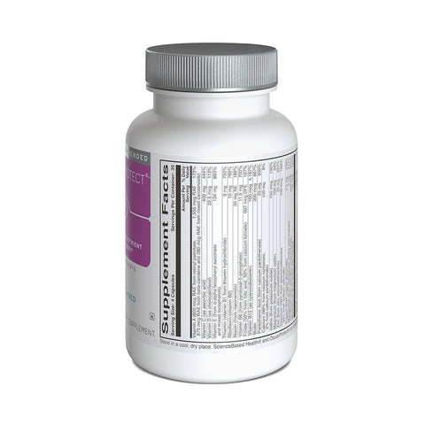 The ScienceBased Health OcularProtect Whole Body Multivitamin Formula (60-day Supply) is presented in a white bottle with a gray cap and purple label, featuring detailed supplement facts about its eye health multinutrient blend and antioxidant protection against a plain white background.