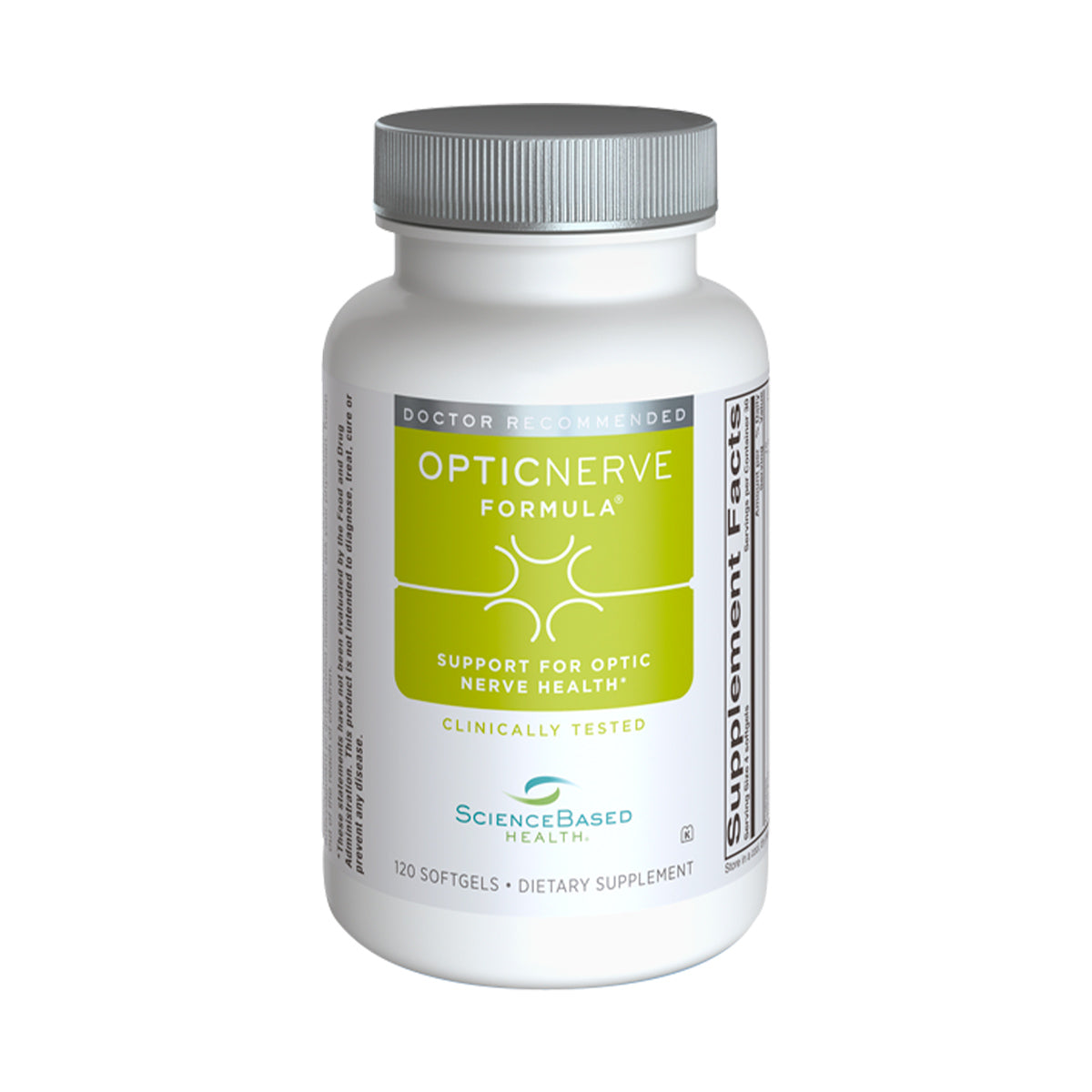 A white bottle labeled Optic Nerve Formula by ScienceBased Health promotes nutritional support for optic nerve health, featuring green and yellow accents with 120 softgels. It is doctor-recommended, clinically tested, and enriched with antioxidants for optimal ocular circulation.