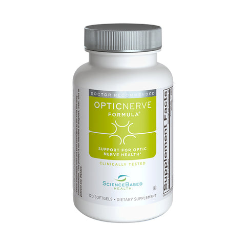 A white bottle labeled Optic Nerve Formula by ScienceBased Health promotes nutritional support for optic nerve health, featuring green and yellow accents with 120 softgels. It is doctor-recommended, clinically tested, and enriched with antioxidants for optimal ocular circulation.
