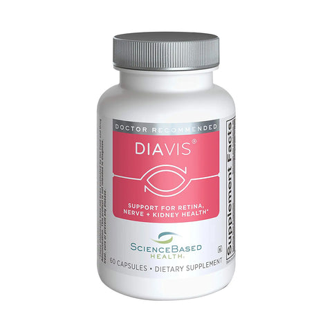 The DiaVis dietary supplement by ScienceBased Health, featuring a pink label, supports retina, nerve, and kidney health for diabetes management. It contains 60 antioxidant capsules and is doctor recommended.
