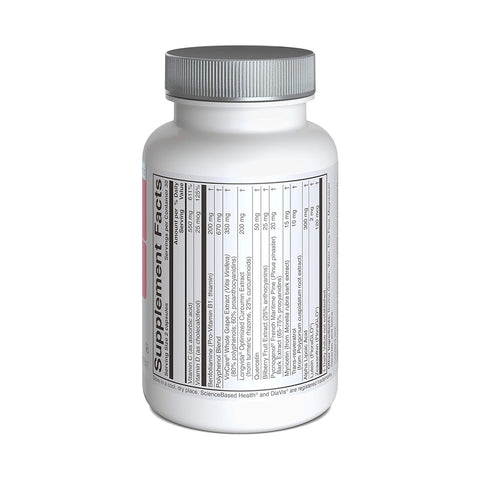 The DiaVis Eye and Nerve Support Formula from ScienceBased Health comes in a white plastic bottle with a silver lid, labeled Supplement Facts. It provides detailed nutritional information and features antioxidants for diabetes support, with nutrients listed in black on the white background.