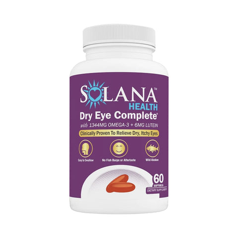 A bottle of OcuScis Solana Health Eye Complete with Omega and Lutein (60ct) features a dry eye formula promising relief without fish burps.