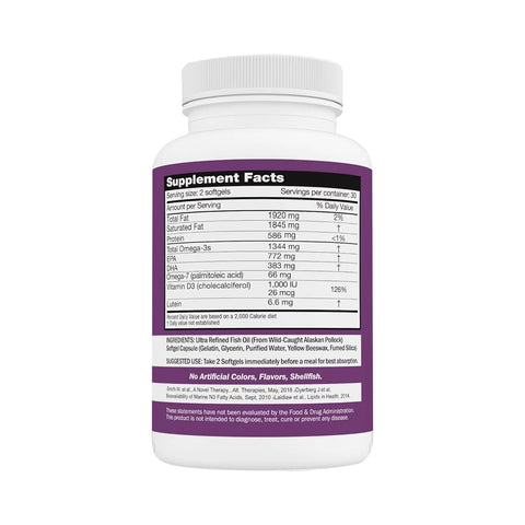 The Solana Health Eye Complete with Omega and Lutein by OcuSci (60ct Bottle) displays nutritional info, such as calories, total fat, EPA, DHA, and vitamin D3 per serving. It highlights Omega-3 benefits for vision health with no artificial colors or flavors. The bottle is designed in purple and white.
