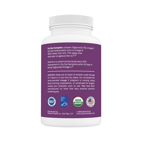 A white bottle with a purple label shows the back of the dietary supplement Solana Health Eye Complete with Omega and Lutein by OcuSci. The label details vision health benefits, usage warnings, and certifications like NSF and USDA Organic.