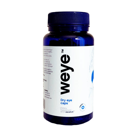 A blue bottle of Weye Dry Eye Vitamins has a minimalist white label reading Dietary supplement with Excelvit®. Its expertly formulated with Omega-3, Lutein, Vitamin D3, and Zinc for optimal eye health supporting hydration, tear production, and eye protection.