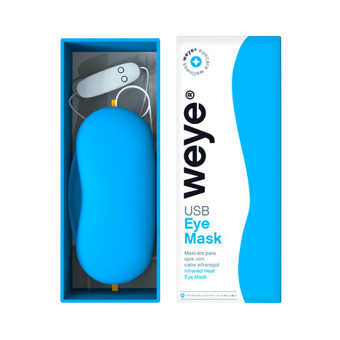 Image of the Weye Heated Eye Mask in a blue and white box offering infrared heat therapy. It includes a blue mask, white USB cable, and controller. Perfect for soothing relief from dry eyes, puffy eyelids, and tired eyes with its modern design.