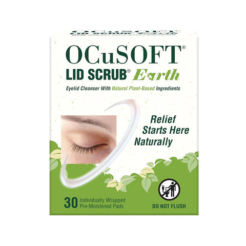 The OCuSOFT Lid Scrub Earth Eyelid Cleanser (30ct) features packaging with an eyelid image. It highlights natural eyelid hygiene through plant-based ingredients and promises Relief Starts Here Naturally with 30 individually wrapped pre-moistened pads from OCuSOFT.