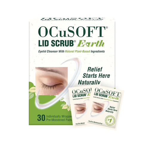 The packaging for OCuSOFT Lid Scrub Earth Eyelid Cleanser, Natural Plant Based (30ct) features a closed eye image and emphasizes natural eyelid hygiene. It includes two individually wrapped pre-moistened pad samples highlighting the benefits of natural relief.