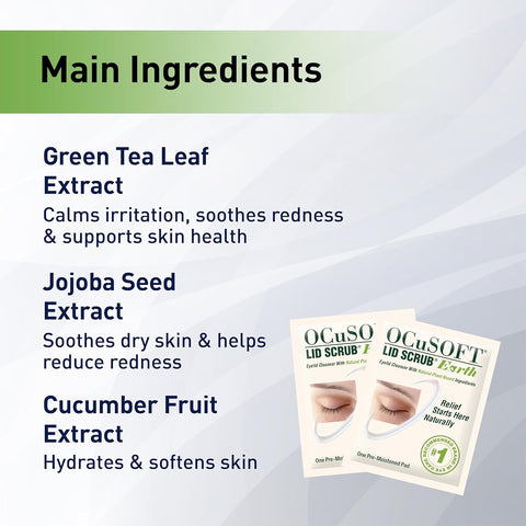 Infographic titled Main Ingredients features OCuSOFT Lid Scrub Earth Eyelid Cleanser, Natural Plant Based (30ct). Green Tea Leaf Extract calms irritation and supports skin health, Jojoba Seed Extract soothes dryness and reduces redness, and Cucumber Fruit Extract hydrates and softens skin.