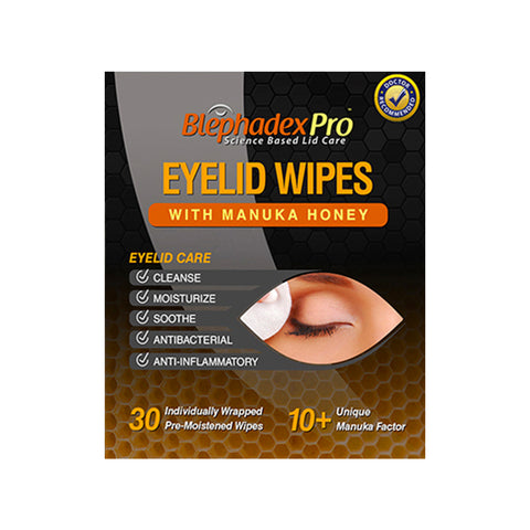 Image of Lunovuss Blephadex Pro Eyelid Wipes with Manuka Honey, featuring a black and orange box containing 30 individually wrapped wipes, designed for cleansing, moisturizing, soothing, and providing antibacterial and anti-inflammatory eyelid care.