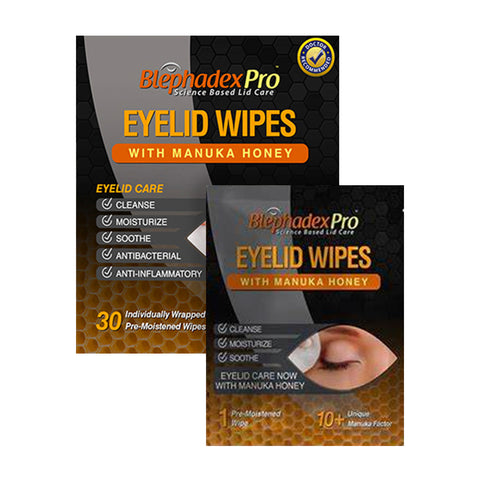 Lunovus Blephadex Pro Eyelid Wipes with Manuka Honey offer two package sizes: 30 individually wrapped wipes and a smaller set with over 10. These wipes cleanse, moisturize, and soothe while incorporating Tea Tree Oil for added freshness.