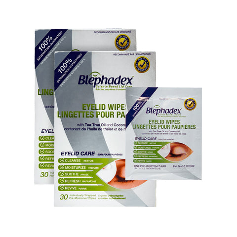 Experience soothing eyelid care with Lunovus Blephadex Wipes 2-pack, featuring English and French packaging. Infused with Tea Tree and Coconut Oil, this 2-month supply offers cleansing, moisturizing relief for refreshed eyes.