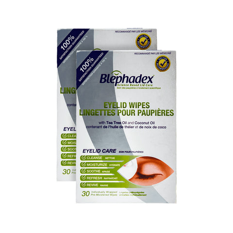 The Blephadex Wipes 2-pack by Lunovus offers a 2-month supply of cleansing, moisturizing, soothing, and refreshing benefits with Tea Tree Oil and Coconut Oil in two boxes of 30 wipes each. Packaged in light green and silver with an eye image.