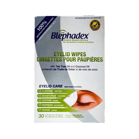 A box of Blephadex Eyelid Wipes with Tea Tree and Coconut Oil by Lunovus, highlighting eye itch relief, features a close-up of an eye. The packaging underscores benefits such as cleansing, moisturizing, soothing, refreshing, and enhancing eyelid hygiene. Contains 30 pre-moistened wipes.