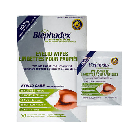 The Lunovus Blephadex Eyelid Wipes with Tea Tree and Coconut Oil provide optimal hygiene, cleansing, and moisturizing. This bilingual box (English/French) includes 30 individually wrapped wipes for convenience, offering eye itch relief for a month.