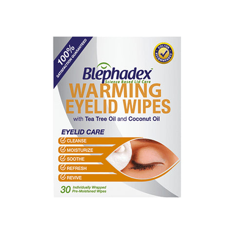 The image features Lunovus Blephadex Warming Eyelid Wipes, highlighting their soothing tea tree and coconut oil benefits, with 30 individually wrapped, pre-moistened wipes designed for gentle eyelid care.