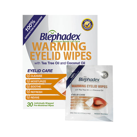 The Blephadex Warming Eyelid Wipes by Lunovus feature tea tree and coconut oil for cleansing, moisturizing, and refreshing. Each box contains 30 pre-moistened pads to revive tired eyes.