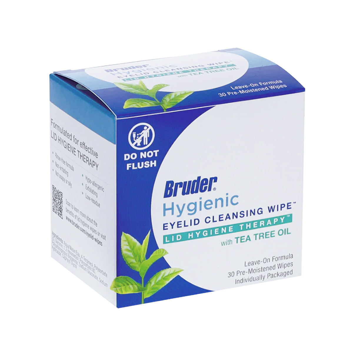 The Bruder Hygienic Eyelid Cleansing Wipes with Tea Tree Oil provide essential ocular hygiene. The blue and white package, featuring green leaf graphics and a Do Not Flush warning, contains 30 pre-moistened wipes for optimal eyelid health.