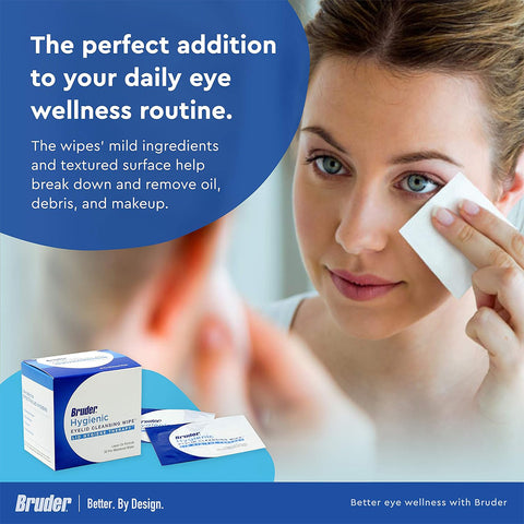 A woman uses Bruder Hygienic Eyelid Cleansing Wipes on her eyelids while looking into a mirror. The text highlights the wipes as ideal for daily eye wellness and dry eye relief by removing oil, debris, and makeup. A box of 30 pre-moistened wipes is shown in the corner, promoting ocular health.