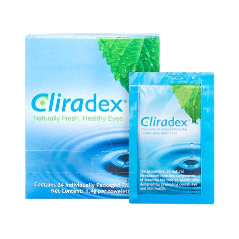 Cliradex Wipes - Tea Tree Oil Extract Eyelid Cleanser (24ct) by Cliradex comes in a blue box with green mint leaves and a water ripple design, labeled Naturally Fresh, Healthy Eyes—perfect for managing Demodex.