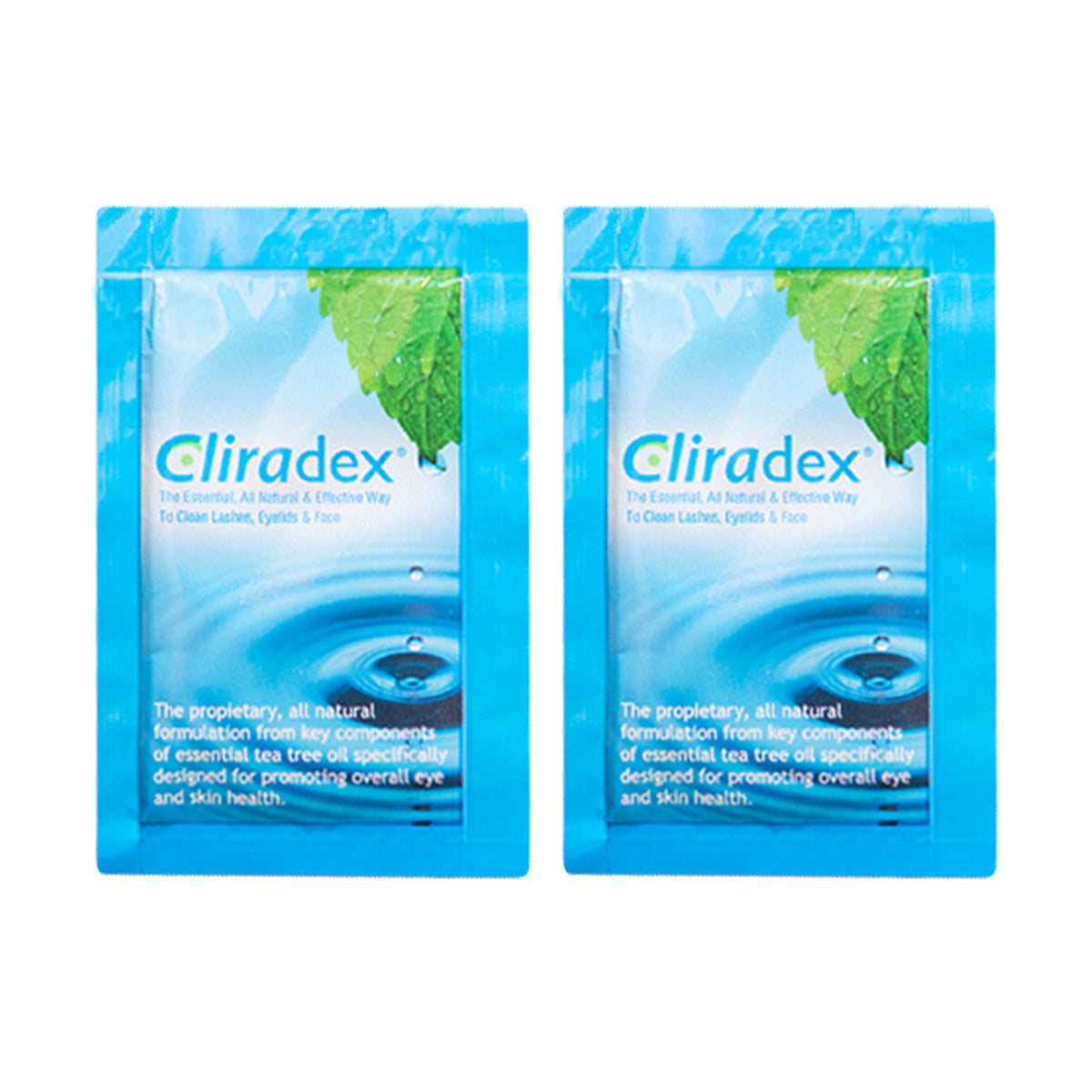 Cliradex Wipes 2-pack, featuring two boxes of 24 tea tree oil extract eyelid towelettes, are designed for cleaning eyelashes, eyelids, and face, helping remove Demodex mites for ocular hygiene.
