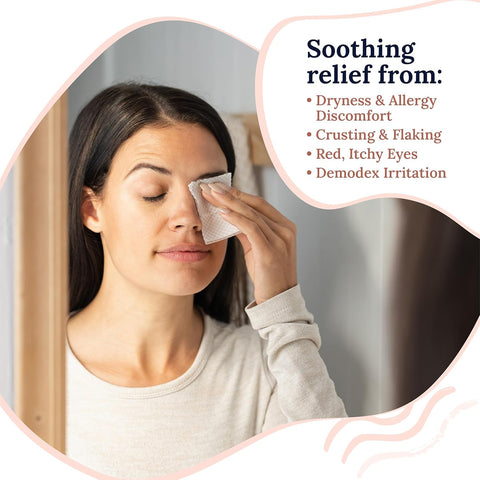 A woman gently wipes her closed eye with a CorneaCare Wipe infused with soothing tea tree oil. Text highlights relief for dryness, allergy discomfort, crusting and flaking, red, itchy eyes, and demodex irritation. Available as CorneaCare Wipes with Tea Tree Oil (30ct).