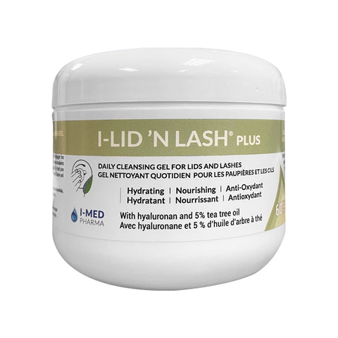 I-Med Pharmas I-LID ’N LASH® PLUS – Tea Tree Oil Eyelid & Lash Cleanser comes in a white jar with a green and white label. It is contact lens safe and designed for daily hydration, nourishment, and antioxidant benefits, featuring hyaluronan and 5% tea tree oil.