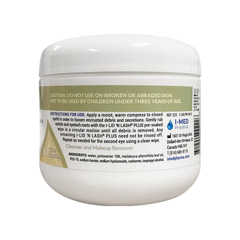 The I-LID ’N LASH® PLUS eyelid cleanser by I-Med Pharma contains 60 wipes infused with tea tree oil. Suitable for contact lens users, the white plastic container has a green and blue label detailing usage instructions, ingredients, and safety warnings.