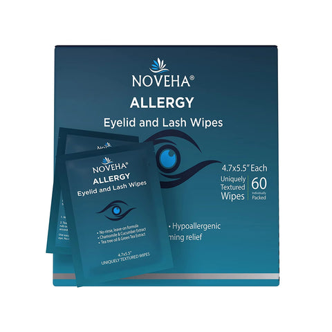 A box of Noveha Allergy Relief Eyelid Wipes with Tea Tree Oil (60ct) is shown with three individual packets. The packaging emphasizes soothing, hypoallergenic wipes with a unique texture for allergy relief, featuring 60 individually packed wipes made from a natural formula.