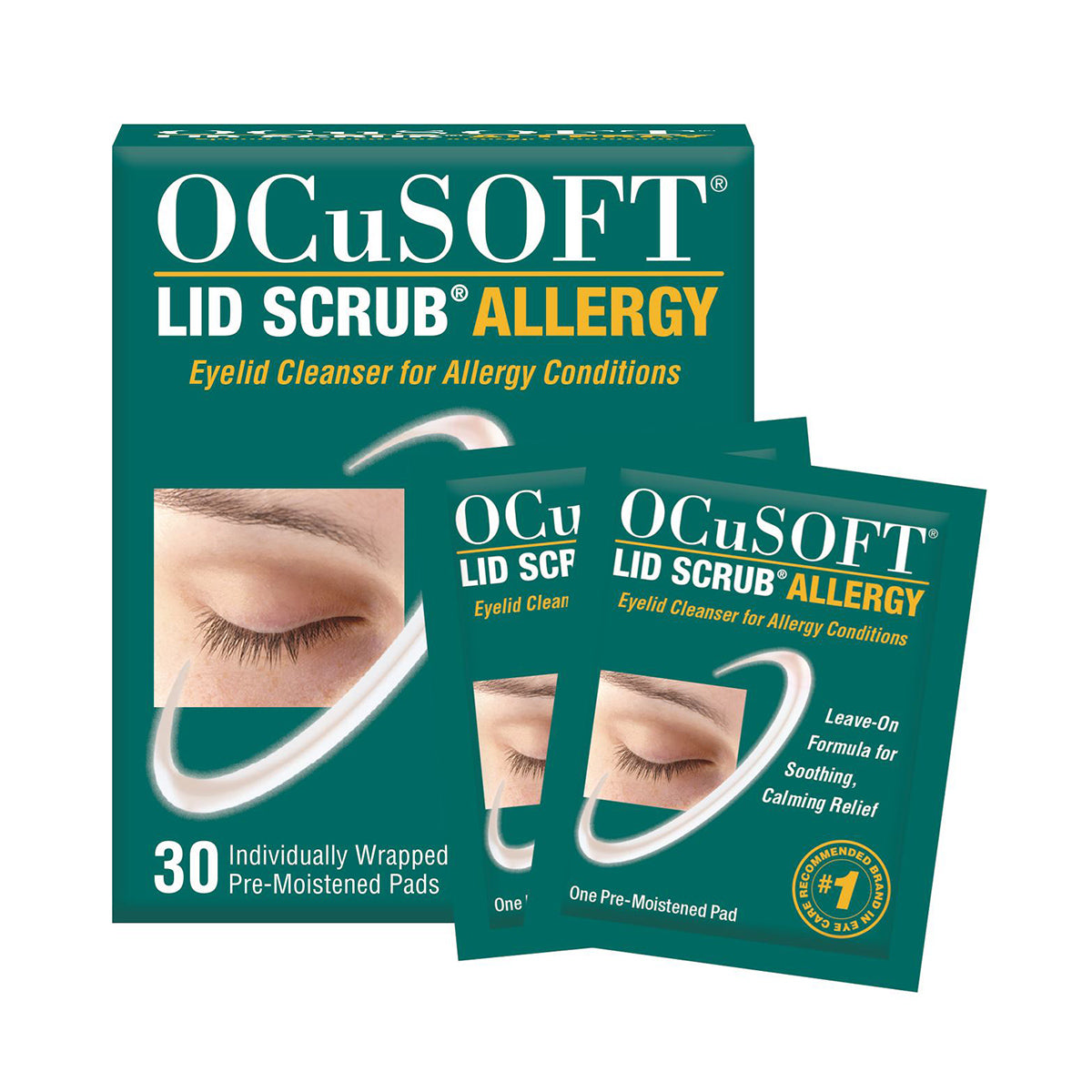 Image of OCuSOFT Ocusoft Lid Scrub Allergy Eyelid Cleanser packaging. A green box promotes 30 pre-moistened wipes with Green Tea Extract for eyelid cleansing and allergy relief, featuring an eye close-up. Two individual packets are displayed in front of the box.
