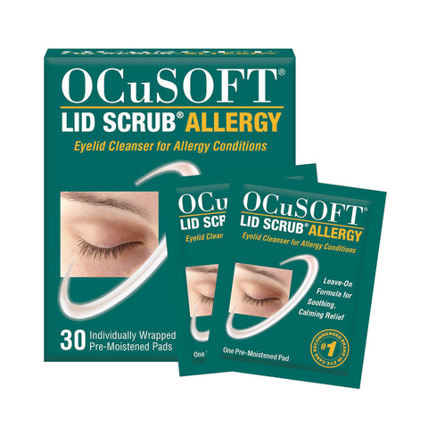 Image of OCuSOFT Ocusoft Lid Scrub Allergy Eyelid Cleanser packaging. A green box promotes 30 pre-moistened wipes with Green Tea Extract for eyelid cleansing and allergy relief, featuring an eye close-up. Two individual packets are displayed in front of the box.