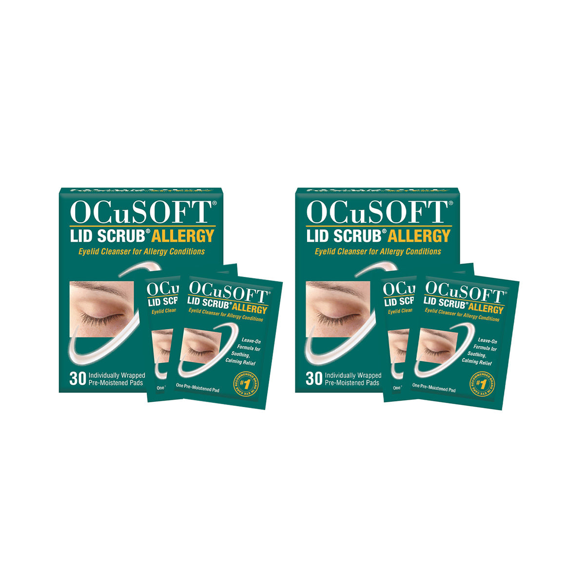 The OCuSOFT Lid Scrub Allergy Eyelid Cleanser 2-Pack, featuring two boxes of 30 wipes each, is displayed with its green packaging highlighting a womans eye and includes individual packets for easy access.