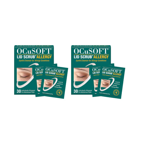 The OCuSOFT Lid Scrub Allergy Eyelid Cleanser 2-Pack, featuring two boxes of 30 wipes each, is displayed with its green packaging highlighting a womans eye and includes individual packets for easy access.