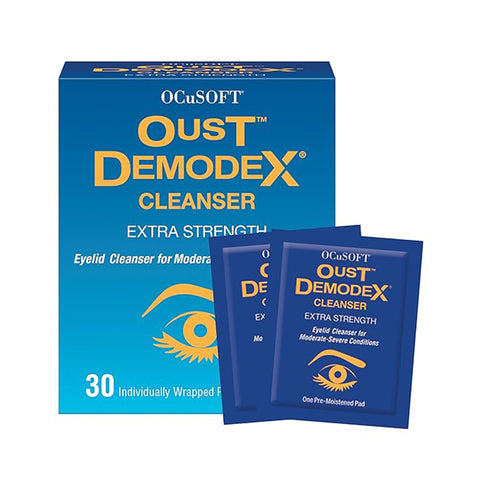 The blue box features OCuSOFT Oust Demodex Cleanser Pre-Moistened Pads (30ct) with an eye graphic. Text states Eyelid Cleanser for Moderate-Severe Conditions. Two packets are shown, addressing eyelid irritation and Demodex mites.