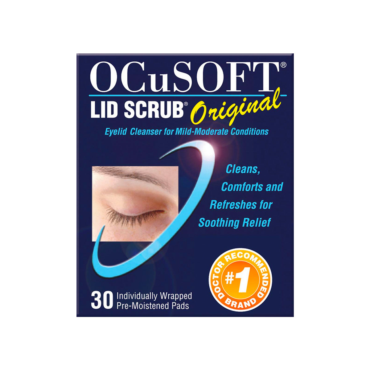 The OCuSOFT Lid Scrub Original Wipes 30ct, in dark blue packaging with a closed eye, emphasize eyelid hygiene by soothing and cleansing eyes for mild to moderate conditions.