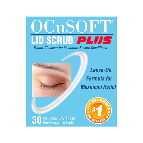 OCuSOFTs Ocusoft Lid Scrub Plus features packaging with a closed eye, highlighting its role as an eyelid cleanser for moderate to severe conditions. With an extra strength formula and a leave-on design, it offers relief using doctor-recommended 30 pre-moistened pads.