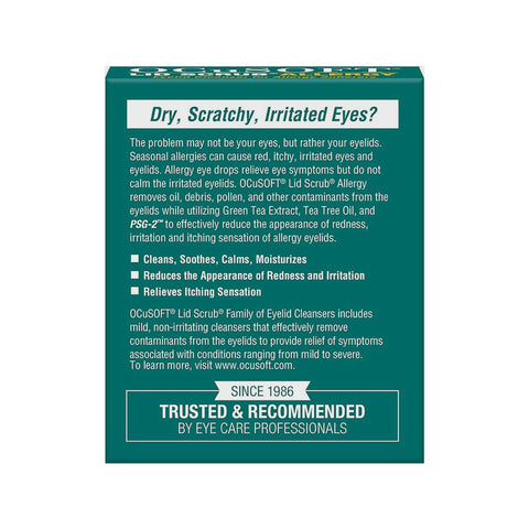 The image displays the front of the OCuSOFT Lid Scrub Allergy Eyelid Cleanser box (30 wipes), highlighting allergy relief for dry, scratchy, irritated eyes with Green Tea Extract, Tea Tree Oil, and PSG-2. Trusted since 1986.