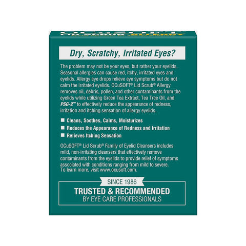 The OCuSOFT Lid Scrub Allergy Eyelid Cleanser 2-Pack includes text detailing relief for dry, scratchy eyes. This cleanser features Green Tea Extract, tea tree oil, and PSG-2, highlighting its cleaning, soothing, and moisturizing benefits.