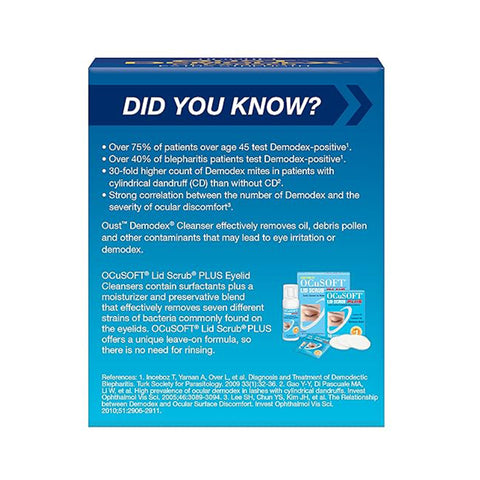Blue informational poster about eye health and eyelid irritation, featuring statistics on Demodex mites and benefits of OCuSOFT Oust Demodex Cleanser Pre-Moistened Pads. Includes product images at the bottom right and displays text on a blue background with a white question mark at the top.