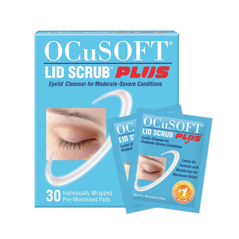Image of OCuSOFT Lid Scrub Plus 30 Pre-Moistened Pads packaging, highlighting its extra strength formula with an eye illustration on the box. Two sample packets are prominently displayed for convenience and effectiveness.